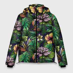 Мужская зимняя куртка 3D с принтом Летние цветы в Тюмени, верх — 100% полиэстер; подкладка — 100% полиэстер; утеплитель — 100% полиэстер | длина ниже бедра, свободный силуэт Оверсайз. Есть воротник-стойка, отстегивающийся капюшон и ветрозащитная планка. 

Боковые карманы с листочкой на кнопках и внутренний карман на молнии. | summer | джунгли | краски | летняя | лето | листы | листья | надпись | настроение | отдых | отпуск | пальмы | пляжная | позитив | стиль | тропики | тропическая | цветочки | цветы | яркая