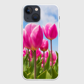 Чехол для iPhone 13 mini с принтом Розовые тюльпаны в Тюмени,  |  | flowers | бутоны | дача | девушке | женщинам | лепестки | летний | лето | листья | любимая | любовь | небесный | небо | нежный | облака | поляна | природа | растения | романтика | сад | синеенебо | солнечный