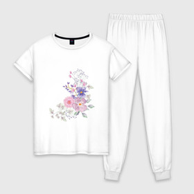 Женская пижама хлопок с принтом Акварельный цветы в Тюмени, 100% хлопок | брюки и футболка прямого кроя, без карманов, на брюках мягкая резинка на поясе и по низу штанин | акварель | арт | зеленый | лето | полевые цветы | рисунок | розовый | синий | фиолетовый | цветы