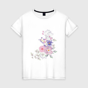 Женская футболка хлопок с принтом Акварельный цветы в Тюмени, 100% хлопок | прямой крой, круглый вырез горловины, длина до линии бедер, слегка спущенное плечо | акварель | арт | зеленый | лето | полевые цветы | рисунок | розовый | синий | фиолетовый | цветы