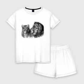 Женская пижама с шортиками хлопок с принтом Лев и Львица в Тюмени, 100% хлопок | футболка прямого кроя, шорты свободные с широкой мягкой резинкой | большие | детские | животные | звери | кошки | крупные | лев | львица | мультфильмы | пара