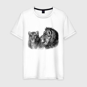 Мужская футболка хлопок с принтом Лев и Львица в Тюмени, 100% хлопок | прямой крой, круглый вырез горловины, длина до линии бедер, слегка спущенное плечо. | большие | детские | животные | звери | кошки | крупные | лев | львица | мультфильмы | пара