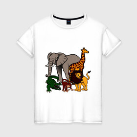 Женская футболка хлопок с принтом Африка в Тюмени, 100% хлопок | прямой крой, круглый вырез горловины, длина до линии бедер, слегка спущенное плечо | африка | детские | животные | жираф | звери | зоопарк | картинки | крокодил | лев | мультфильмы | обезьяна | прикольные | природа | слон