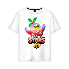 Женская футболка хлопок Oversize с принтом BRAWL STARS TROPICAL SPROUT. в Тюмени, 100% хлопок | свободный крой, круглый ворот, спущенный рукав, длина до линии бедер
 | brawl stars | crow | gale | leon | leon shark | max | mr.p | sally leon | shark | sprout | tara | tropical sprout | virus 8 bit | werewolf leon | акула | берли | бравл старс | ворон | макс | оборотень