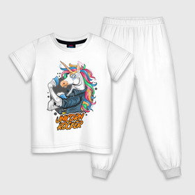 Детская пижама хлопок с принтом Unicorn Rocker в Тюмени, 100% хлопок |  брюки и футболка прямого кроя, без карманов, на брюках мягкая резинка на поясе и по низу штанин
 | art | rock | rocker | unicorn | арт | единорог | животные | картинка | рисунок | рок | рокер