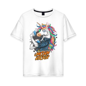 Женская футболка хлопок Oversize с принтом Unicorn Rocker в Тюмени, 100% хлопок | свободный крой, круглый ворот, спущенный рукав, длина до линии бедер
 | art | rock | rocker | unicorn | арт | единорог | животные | картинка | рисунок | рок | рокер
