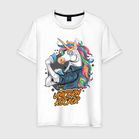 Мужская футболка хлопок с принтом Unicorn Rocker в Тюмени, 100% хлопок | прямой крой, круглый вырез горловины, длина до линии бедер, слегка спущенное плечо. | art | rock | rocker | unicorn | арт | единорог | животные | картинка | рисунок | рок | рокер