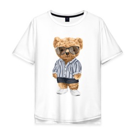 Мужская футболка хлопок Oversize с принтом Модный плюшевый медведь в Тюмени, 100% хлопок | свободный крой, круглый ворот, “спинка” длиннее передней части | Тематика изображения на принте: арт | животные | игрушка | картинка | крутой медведь | медведь | медвежонок | мишка | мода | модный медведь | плюшевый | плюшевый медведь | рисунок