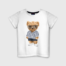Детская футболка хлопок с принтом Модный плюшевый медведь в Тюмени, 100% хлопок | круглый вырез горловины, полуприлегающий силуэт, длина до линии бедер | арт | животные | игрушка | картинка | крутой медведь | медведь | медвежонок | мишка | мода | модный медведь | плюшевый | плюшевый медведь | рисунок