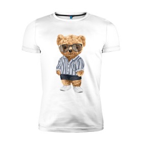 Мужская футболка премиум с принтом Модный плюшевый медведь в Тюмени, 92% хлопок, 8% лайкра | приталенный силуэт, круглый вырез ворота, длина до линии бедра, короткий рукав | арт | животные | игрушка | картинка | крутой медведь | медведь | медвежонок | мишка | мода | модный медведь | плюшевый | плюшевый медведь | рисунок