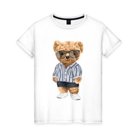 Женская футболка хлопок с принтом Модный плюшевый медведь в Тюмени, 100% хлопок | прямой крой, круглый вырез горловины, длина до линии бедер, слегка спущенное плечо | арт | животные | игрушка | картинка | крутой медведь | медведь | медвежонок | мишка | мода | модный медведь | плюшевый | плюшевый медведь | рисунок