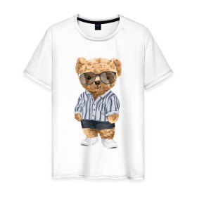 Мужская футболка хлопок с принтом Модный плюшевый медведь в Тюмени, 100% хлопок | прямой крой, круглый вырез горловины, длина до линии бедер, слегка спущенное плечо. | арт | животные | игрушка | картинка | крутой медведь | медведь | медвежонок | мишка | мода | модный медведь | плюшевый | плюшевый медведь | рисунок