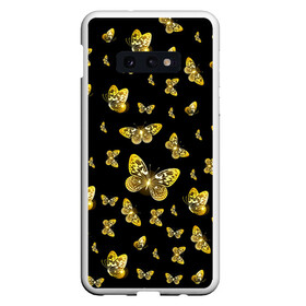 Чехол для Samsung S10E с принтом Golden Butterfly pattern в Тюмени, Силикон | Область печати: задняя сторона чехла, без боковых панелей | Тематика изображения на принте: black | pattern | summer | wings | ангел | бабочка | бабочки | блестки | блестящий | девушке | желтые | животные | звери | золото | золотые | крылья | летать | летний | лето | мотылек | насекомое | ночные | паттерн