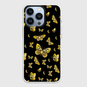 Чехол для iPhone 13 Pro с принтом Golden Butterfly pattern в Тюмени,  |  | black | pattern | summer | wings | ангел | бабочка | бабочки | блестки | блестящий | девушке | желтые | животные | звери | золото | золотые | крылья | летать | летний | лето | мотылек | насекомое | ночные | паттерн