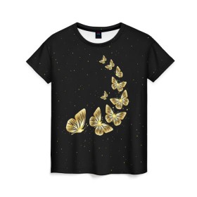 Женская футболка 3D с принтом Golden Butterfly in Space в Тюмени, 100% полиэфир ( синтетическое хлопкоподобное полотно) | прямой крой, круглый вырез горловины, длина до линии бедер | black | summer | wings | ангел | бабочка | бабочки | блестки | блестящий | девушке | желтые | животные | звезды | звери | золото | золотые | космос | крылья | летать | летний | лето | мотылек | насекомое | ночные