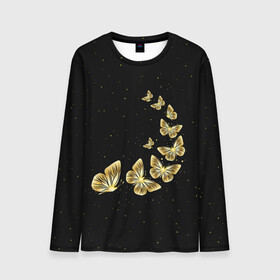 Мужской лонгслив 3D с принтом Golden Butterfly in Space в Тюмени, 100% полиэстер | длинные рукава, круглый вырез горловины, полуприлегающий силуэт | black | summer | wings | ангел | бабочка | бабочки | блестки | блестящий | девушке | желтые | животные | звезды | звери | золото | золотые | космос | крылья | летать | летний | лето | мотылек | насекомое | ночные