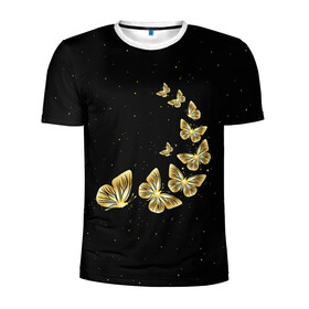 Мужская футболка 3D спортивная с принтом Golden Butterfly in Space в Тюмени, 100% полиэстер с улучшенными характеристиками | приталенный силуэт, круглая горловина, широкие плечи, сужается к линии бедра | Тематика изображения на принте: black | summer | wings | ангел | бабочка | бабочки | блестки | блестящий | девушке | желтые | животные | звезды | звери | золото | золотые | космос | крылья | летать | летний | лето | мотылек | насекомое | ночные