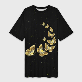 Платье-футболка 3D с принтом Golden Butterfly in Space в Тюмени,  |  | black | summer | wings | ангел | бабочка | бабочки | блестки | блестящий | девушке | желтые | животные | звезды | звери | золото | золотые | космос | крылья | летать | летний | лето | мотылек | насекомое | ночные