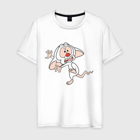 Мужская футболка хлопок с принтом Брейн и Пинки в Тюмени, 100% хлопок | прямой крой, круглый вырез горловины, длина до линии бедер, слегка спущенное плечо. | animaniacs | vdpartat | белая мышь | брейн | гений | глупая мышь | озорные анимашки | пинки