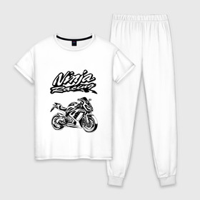 Женская пижама хлопок с принтом KAWASAKI NINJA (Z) в Тюмени, 100% хлопок | брюки и футболка прямого кроя, без карманов, на брюках мягкая резинка на поясе и по низу штанин | bike | kawasaki | moto | motocycle | ninja | sportmotorcycle | zzr | кавасаки | кавасаки ниндзя | мото | мотоспорт | ниндзя