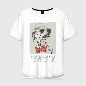 Мужская футболка хлопок Oversize с принтом далматинец на стиле в Тюмени, 100% хлопок | свободный крой, круглый ворот, “спинка” длиннее передней части | арт | бабочка | далматинец | джентльмен | животные | картинка | мода | на моде | очки | пес | рисунок | собака | стиль | стильная собака | шляпа
