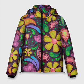 Мужская зимняя куртка 3D с принтом летние цветы узор на темном в Тюмени, верх — 100% полиэстер; подкладка — 100% полиэстер; утеплитель — 100% полиэстер | длина ниже бедра, свободный силуэт Оверсайз. Есть воротник-стойка, отстегивающийся капюшон и ветрозащитная планка. 

Боковые карманы с листочкой на кнопках и внутренний карман на молнии. | арт | вектор | лето | рисунок | ромашки | темный фон | узор | хаотичный | цветы