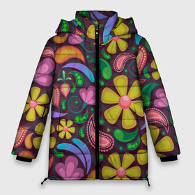 Женская зимняя куртка 3D с принтом летние цветы узор на темном в Тюмени, верх — 100% полиэстер; подкладка — 100% полиэстер; утеплитель — 100% полиэстер | длина ниже бедра, силуэт Оверсайз. Есть воротник-стойка, отстегивающийся капюшон и ветрозащитная планка. 

Боковые карманы с листочкой на кнопках и внутренний карман на молнии | арт | вектор | лето | рисунок | ромашки | темный фон | узор | хаотичный | цветы