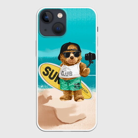 Чехол для iPhone 13 mini с принтом Медвежонок серфер в Тюмени,  |  | лето | медведь | медвежонок | море | отдых | отпуск | плюшевый | плюшевый медведь | пляж | серфер
