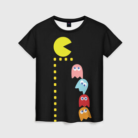 Женская футболка 3D с принтом Pac-man в Тюмени, 100% полиэфир ( синтетическое хлопкоподобное полотно) | прямой крой, круглый вырез горловины, длина до линии бедер | old school | retro game | video game | видео игры | ретро игры