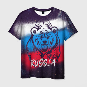 Мужская футболка 3D с принтом Russia Bear в Тюмени, 100% полиэфир | прямой крой, круглый вырез горловины, длина до линии бедер | 12 июня | bear | marble | russia | грозный медведь | день россии | медведь | мишка | мрамор | мраморная | праздник | россия | страна | триколор | флаг