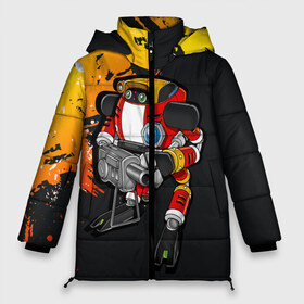 Женская зимняя куртка 3D с принтом Sonic E-102 Гамма в Тюмени, верх — 100% полиэстер; подкладка — 100% полиэстер; утеплитель — 100% полиэстер | длина ниже бедра, силуэт Оверсайз. Есть воротник-стойка, отстегивающийся капюшон и ветрозащитная планка. 

Боковые карманы с листочкой на кнопках и внутренний карман на молнии | Тематика изображения на принте: adventure | e 102 гамма | sonic battle | звуковой ежик | робот | супер ёж