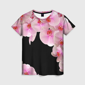 Женская футболка 3D с принтом Орхидеи в ночи в Тюмени, 100% полиэфир ( синтетическое хлопкоподобное полотно) | прямой крой, круглый вырез горловины, длина до линии бедер | азия | бабочки | бутоны | ветки | девушкам | джунгли | женщинам | лепестки | летний | лето | листья | любовь | март | орхидеи | орхидея | подарок | природа | растения | розовыецветы | сад | тропика
