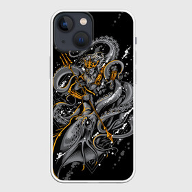 Чехол для iPhone 13 mini с принтом Сражение Зевса в Тюмени,  |  | octopoda | zeus | битва | бог | боги | глубина | доспехи | зевс | золото | копье | монстр | море | морское | осьминог | сражение | страшное | трезубец | тризубец | чернобелая | чудище | чудовище