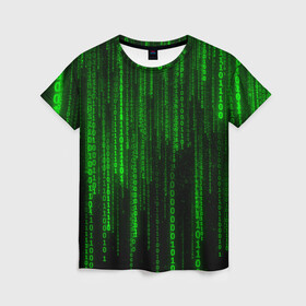 Женская футболка 3D с принтом Матрица код цифры программист в Тюмени, 100% полиэфир ( синтетическое хлопкоподобное полотно) | прямой крой, круглый вырез горловины, длина до линии бедер | бинарный код | веб | вирус | всемирная паутина | двоичный код | зеленый | интернет | информация | кибер | код | кодер | кодирование | матрица | наука | олдскул | по | программирование