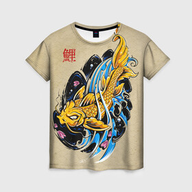 Женская футболка 3D с принтом Золотая рыба кои в Тюмени, 100% полиэфир ( синтетическое хлопкоподобное полотно) | прямой крой, круглый вырез горловины, длина до линии бедер | волны | золотая | иероглиф | иллюстрация | китайская | кои | краски | море | разноцветная | рисунок | рыбка | рыбы | традиционная | узор | японская | яркая