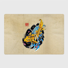 Магнитный плакат 3Х2 с принтом Золотая рыба кои в Тюмени, Полимерный материал с магнитным слоем | 6 деталей размером 9*9 см | волны | золотая | иероглиф | иллюстрация | китайская | кои | краски | море | разноцветная | рисунок | рыбка | рыбы | традиционная | узор | японская | яркая