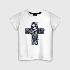 Детская футболка хлопок с принтом Крест с девушкой (с черепом) в Тюмени, 100% хлопок | круглый вырез горловины, полуприлегающий силуэт, длина до линии бедер | Тематика изображения на принте: волосы | дама | девушка | корона | кости | крест | пиковая | праздник | розы | череп