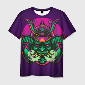Мужская футболка 3D с принтом Маска Хання (Ханья) в Тюмени, 100% полиэфир | прямой крой, круглый вырез горловины, длина до линии бедер | воин | доспехи | дым | закат | иероглифы | изумрудная | китай | маска | неон | неоновая | разноцветная | фиолетовая | хання | ханья | япония