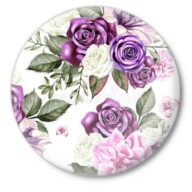 Значок с принтом Красивые розы в Тюмени,  металл | круглая форма, металлическая застежка в виде булавки | Тематика изображения на принте: белые розы | белый | необычные | розовый | розы | синие розы | синий | фиолетовые розы | фиолетовый | цветы