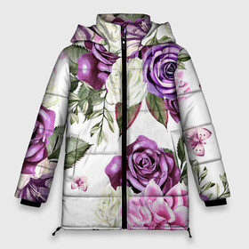 Женская зимняя куртка 3D с принтом Красивые розы в Тюмени, верх — 100% полиэстер; подкладка — 100% полиэстер; утеплитель — 100% полиэстер | длина ниже бедра, силуэт Оверсайз. Есть воротник-стойка, отстегивающийся капюшон и ветрозащитная планка. 

Боковые карманы с листочкой на кнопках и внутренний карман на молнии | Тематика изображения на принте: белые розы | белый | необычные | розовый | розы | синие розы | синий | фиолетовые розы | фиолетовый | цветы