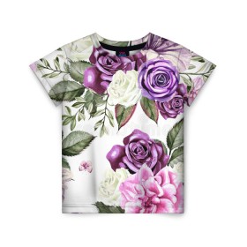 Детская футболка 3D с принтом Красивые розы в Тюмени, 100% гипоаллергенный полиэфир | прямой крой, круглый вырез горловины, длина до линии бедер, чуть спущенное плечо, ткань немного тянется | белые розы | белый | необычные | розовый | розы | синие розы | синий | фиолетовые розы | фиолетовый | цветы