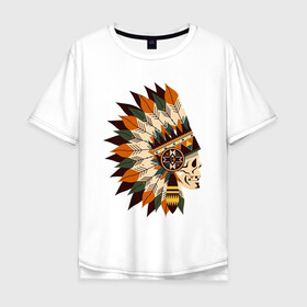 Мужская футболка хлопок Oversize с принтом Индейские мотивы в Тюмени, 100% хлопок | свободный крой, круглый ворот, “спинка” длиннее передней части | Тематика изображения на принте: арт | индеец | индейцы | перо | перья | стрела стрелы | сша | череп | черепа