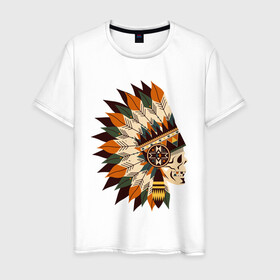 Мужская футболка хлопок с принтом Индейские мотивы в Тюмени, 100% хлопок | прямой крой, круглый вырез горловины, длина до линии бедер, слегка спущенное плечо. | арт | индеец | индейцы | перо | перья | стрела стрелы | сша | череп | черепа