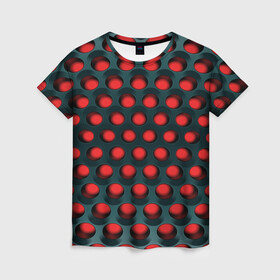 Женская футболка 3D с принтом Раскалённый красный 3Д в Тюмени, 100% полиэфир ( синтетическое хлопкоподобное полотно) | прямой крой, круглый вырез горловины, длина до линии бедер | горошек | железо | жесть | излучение | иллюзия | круги | лампочки | металл | оболочка | объём | сияние | соты | сталь | фонари | шарики | шары