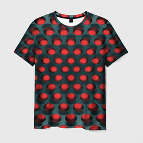 Мужская футболка 3D с принтом Раскалённый красный 3Д в Тюмени, 100% полиэфир | прямой крой, круглый вырез горловины, длина до линии бедер | горошек | железо | жесть | излучение | иллюзия | круги | лампочки | металл | оболочка | объём | сияние | соты | сталь | фонари | шарики | шары