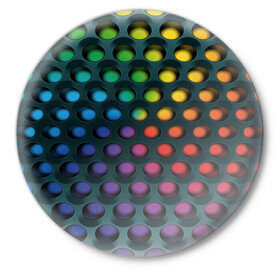 Значок с принтом 3Д спектр в Тюмени,  металл | круглая форма, металлическая застежка в виде булавки | горошек | железо | жесть | излучение | иллюзия | круги | лампочки | металл | оболочка | объём | радуга | сияние | соты | сталь | фонари | шарики | шары
