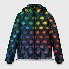 Мужская зимняя куртка 3D с принтом 3Д спектр в Тюмени, верх — 100% полиэстер; подкладка — 100% полиэстер; утеплитель — 100% полиэстер | длина ниже бедра, свободный силуэт Оверсайз. Есть воротник-стойка, отстегивающийся капюшон и ветрозащитная планка. 

Боковые карманы с листочкой на кнопках и внутренний карман на молнии. | Тематика изображения на принте: горошек | железо | жесть | излучение | иллюзия | круги | лампочки | металл | оболочка | объём | радуга | сияние | соты | сталь | фонари | шарики | шары