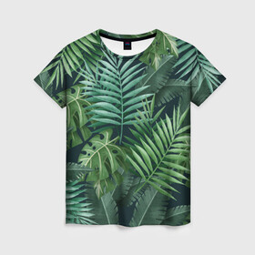 Женская футболка 3D с принтом Тропики  в Тюмени, 100% полиэфир ( синтетическое хлопкоподобное полотно) | прямой крой, круглый вырез горловины, длина до линии бедер | summer | банановая | банановые | джунгли | зелень | краски | летняя | лето | листики | листы | листья | надпись | настроение | отдых | отпуск | пальма | пальмовые | пальмы | папоротник | пляжная | позитив