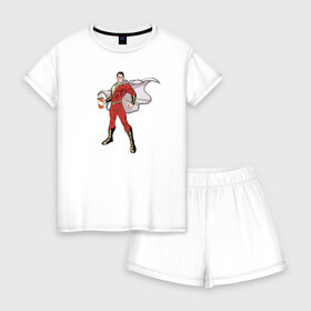 Женская пижама с шортиками хлопок с принтом Шазам в Тюмени, 100% хлопок | футболка прямого кроя, шорты свободные с широкой мягкой резинкой | dc | shazam | vdsvar | warner bros. | билли бэтсон | супергерой | шазам