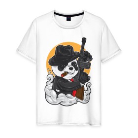 Мужская футболка хлопок с принтом Panda Gangster в Тюмени, 100% хлопок | прямой крой, круглый вырез горловины, длина до линии бедер, слегка спущенное плечо. | Тематика изображения на принте: art | automatic | bandit | gangster | panda | weapons | автомат | арт | бандит | гангстер | оружие | панда